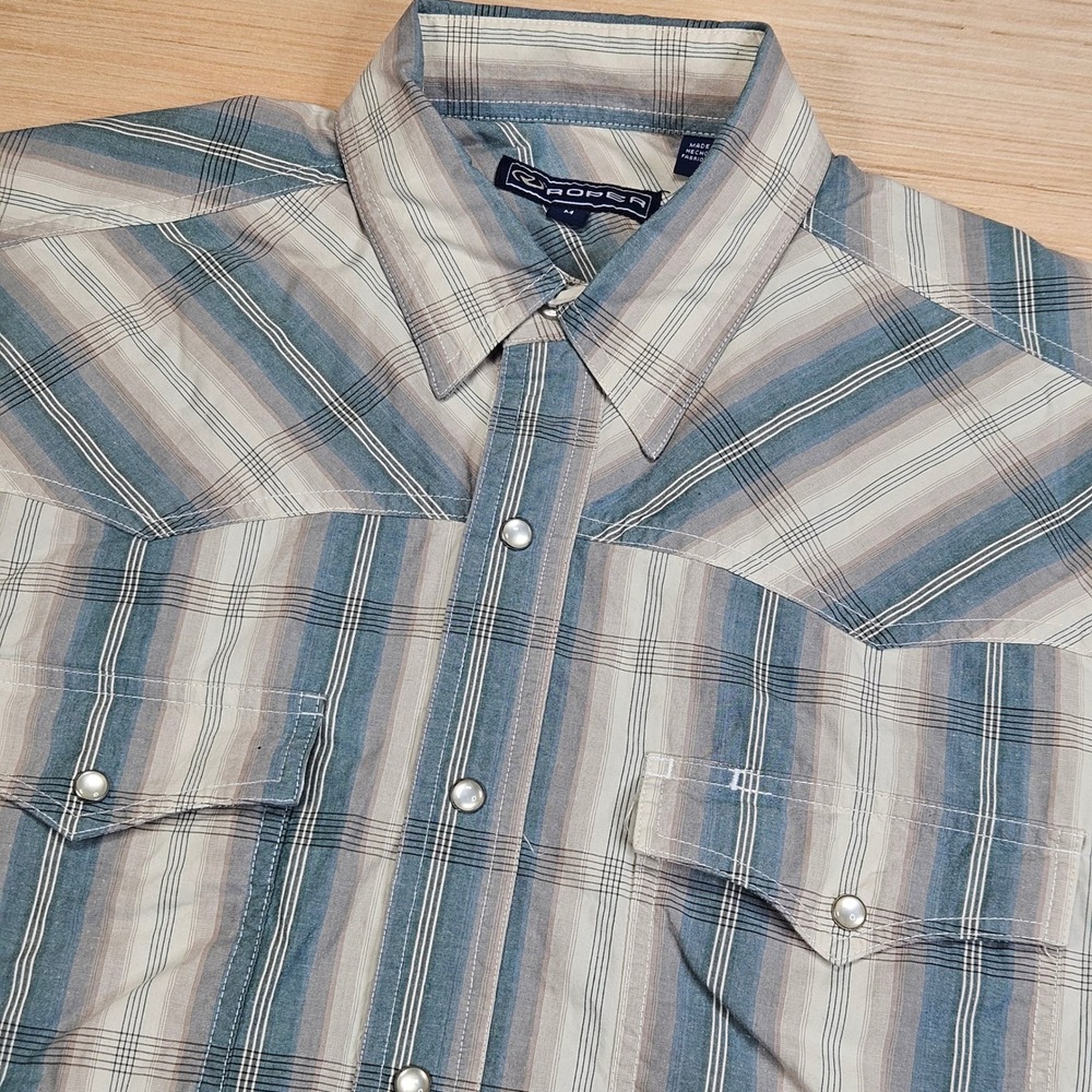 Roper Western Shirt Mens M Blue Plaid Pearl Snap‎ Long Sleeve Cotton Cowboy